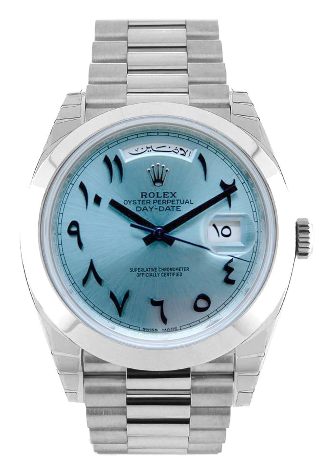 Rolex Unworn Platinum Day Date Presidential Ice Blue Arabic Dial 228 David and Sons Timepieces