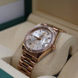 Rolex - Unworn Rose Gold Day-Date 36 Silver Baguette Diamond Dial Diamond Bezel 128395TBR