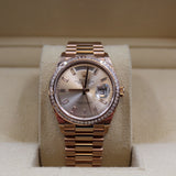 Rolex - Unworn Rose Gold Day-Date 36 Silver Baguette Diamond Dial Diamond Bezel 128395TBR