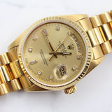 Rolex - Pre-owned Yellow Gold Day-Date 36 Single Quickset Champagne Diamond Dial 18038