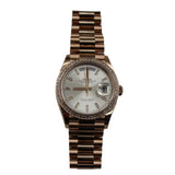 Rolex - Unworn Rose Gold Day-Date 36 Silver Baguette Diamond Dial Diamond Bezel 128395TBR