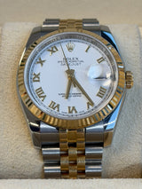 Rolex - Pre-owned Two Tone Yellow Gold Datejust 36 White Roman Dial Jubilee Bracelet 116233