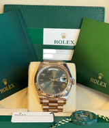 Rolex - Pre-owned Rose Gold Day-Date 40 Presidential Olive Green Roman Dial 228235