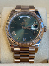 Rolex - Pre-owned Rose Gold Day-Date 40 Presidential Olive Green Roman Dial 228235