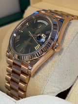 Rolex - Pre-owned Rose Gold Day-Date 40 Presidential Olive Green Roman Dial 228235