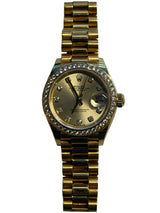 Rolex - Pre-owned Yellow Gold Lady-Datejust 28mm Champagne Diamond Dial Diamond Bezel Presidential Bracelet 279138RBR