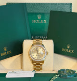 Rolex - Pre-owned Yellow Gold Lady-Datejust 28mm Champagne Diamond Dial Diamond Bezel Presidential Bracelet 279138RBR