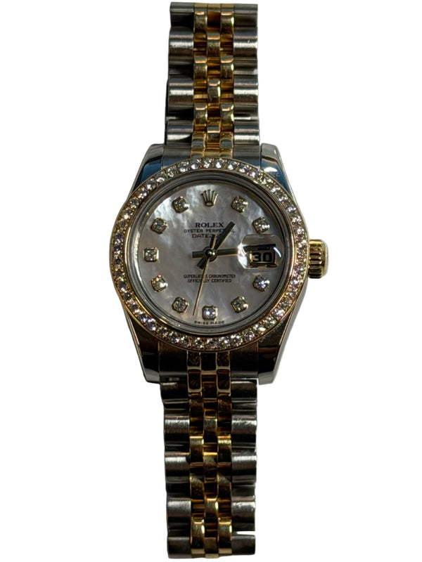 Rolex - Pre-owned Two Tone Yellow Gold Lady-Datejust 28mm Mother of Pearl (MOP) Diamond Dial Diamond Bezel Jubilee Bracelet 179383