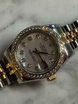 Rolex - Pre-owned Two Tone Yellow Gold Lady-Datejust 28mm Mother of Pearl (MOP) Diamond Dial Diamond Bezel Jubilee Bracelet 179383