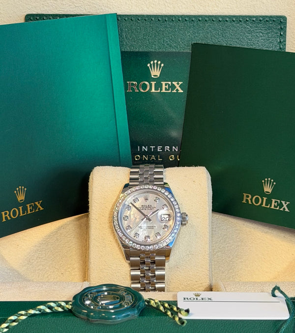 Rolex - Unworn Stainless Steel Lady-Datejust 28mm Mother of Pearl (MOP) Diamond Dial Diamond Bezel Jubilee Bracelet 279384RBR