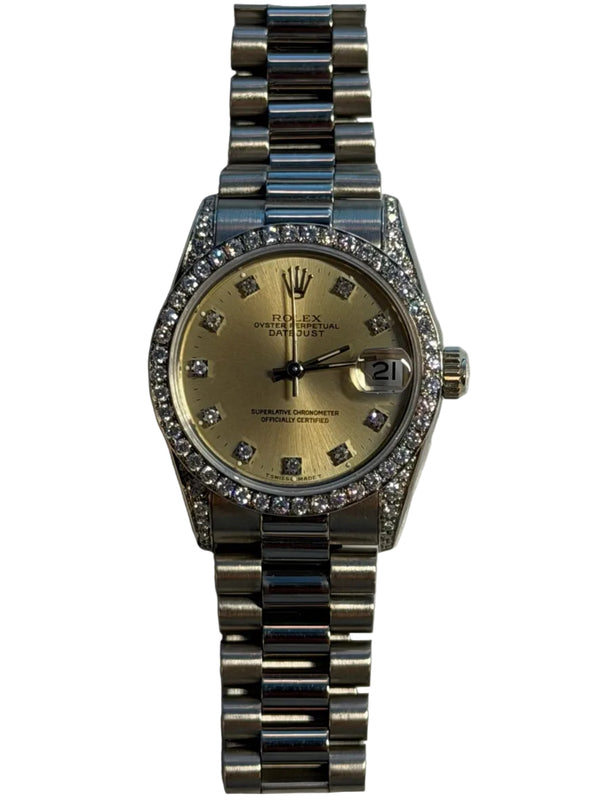 Rolex - Pre-owned White Gold Datejust 31 Silver Diamond Dial Diamond Bezel Presidential Bracelet 68159