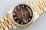 Rolex - Pre-owned Yellow Gold Day-Date 36 Single Quickset Brown Vignette Diamond Dial Hebrew Day Wheel 18038