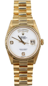 Rolex - Pre-owned Yellow Gold Day-Date 36 double quickset White Opal Diamond 6 9 Dial Arabic Day and Date Wheel