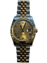 Rolex - Pre-owned Two Tone Yellow Gold Datejust 36 Champagne Roman Dial Jubilee Bracelet 116233