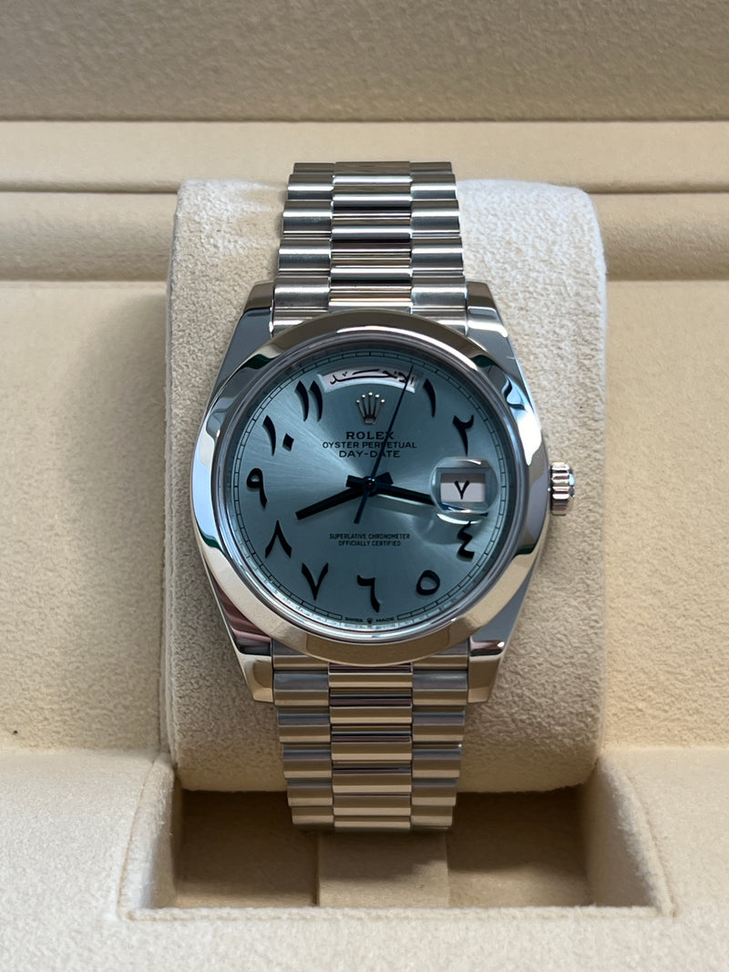 Rolex Unworn Platinum Day-Date Presidential Ice Blue Arabic Dial