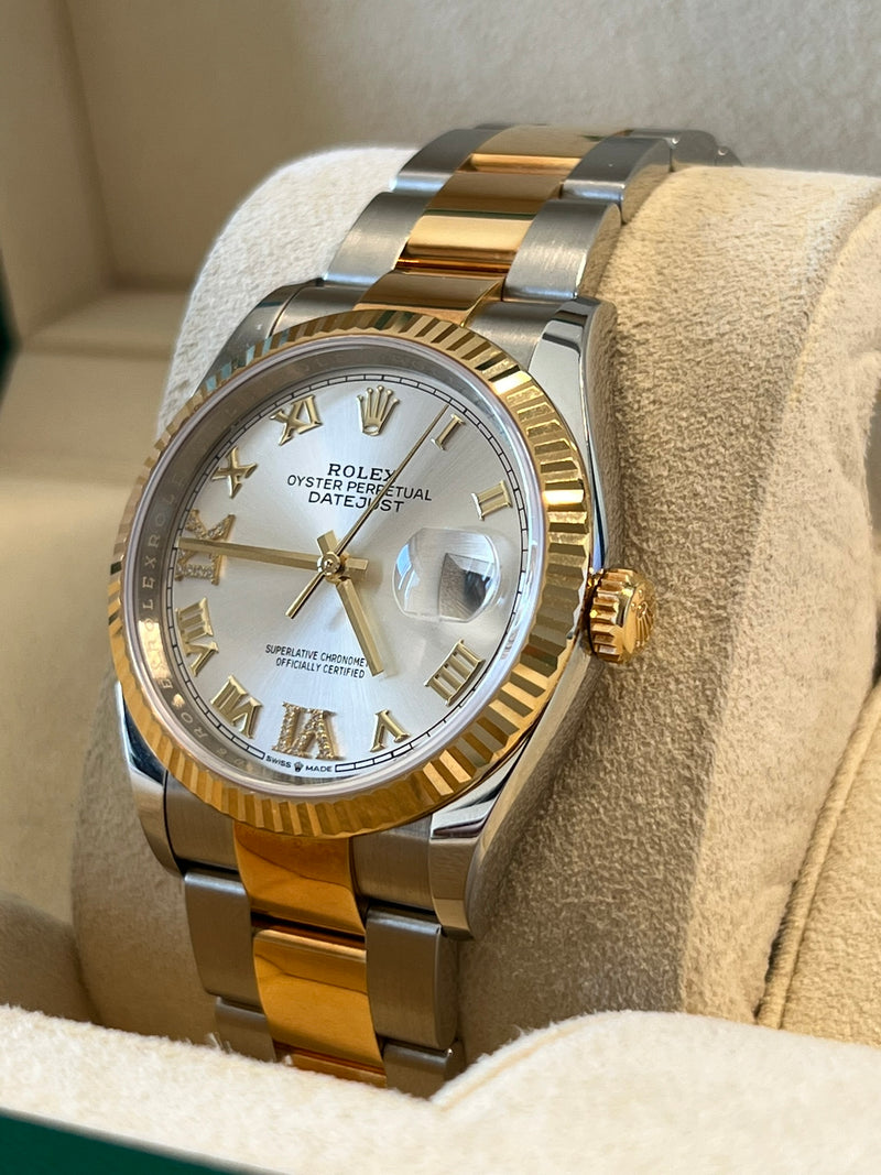 Rolex - Pre-owned Two Tone Yellow Gold Datejust 36mm Silver Diamond VIIX Dial 126233