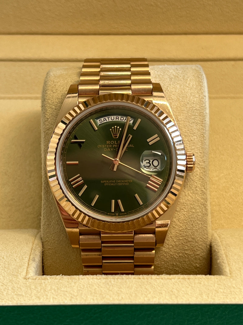 Rolex - Pre-owned Rose Gold Day-Date Presidential Olive Green 228235