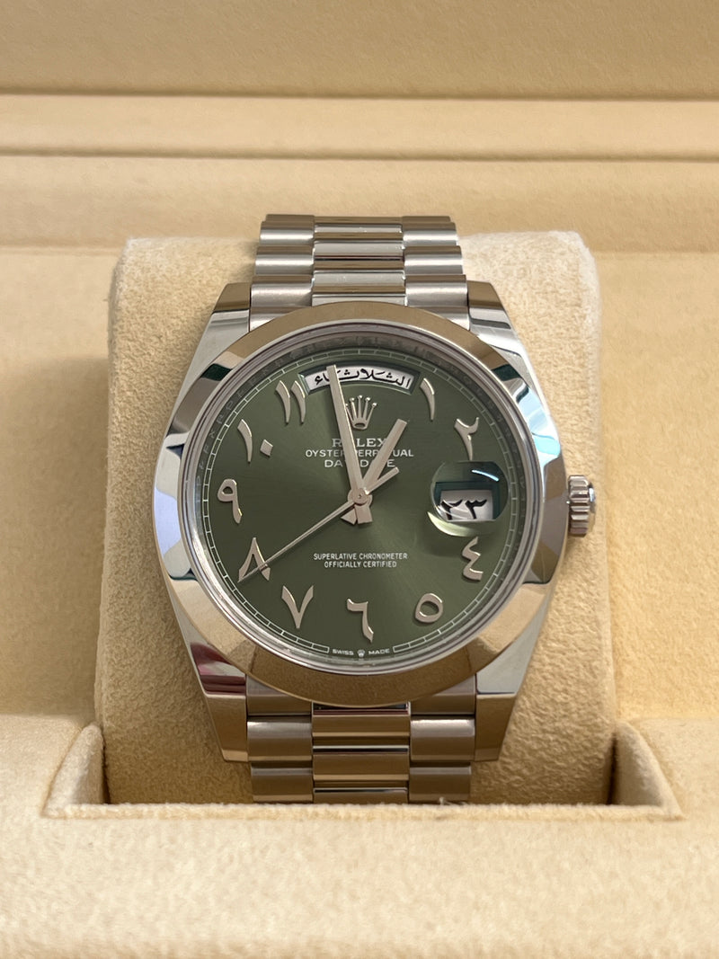 Rolex - Pre-owned Platinum Day-Date Presidential Olive Green Arabic Dial 228206