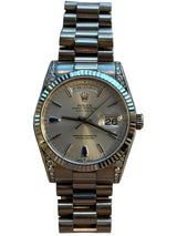 Rolex - Pre-owned White Gold Day-Date 36 Presidential Silver Sapphire Tear Drop Dial Diamond Lugs 118339