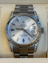 Rolex - Pre-owned White Gold Day-Date 36 Presidential Silver Sapphire Tear Drop Dial Diamond Lugs 118339