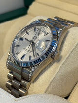 Rolex - Pre-owned White Gold Day-Date 36 Presidential Silver Sapphire Tear Drop Dial Diamond Lugs 118339