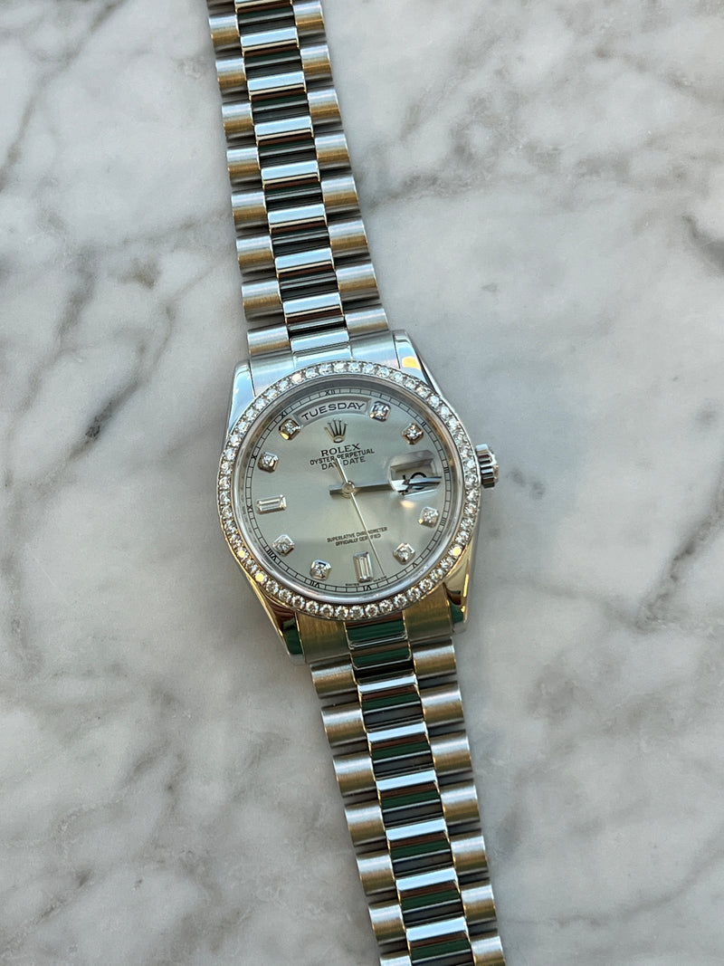 Rolex Pre-owned Platinum Day-Date Presidential Silver Diamond