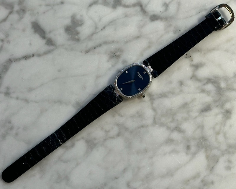Patek Philippe - Pre-owned White Gold Golden Ellipse Blue Dial Diamond Bezel 4882
