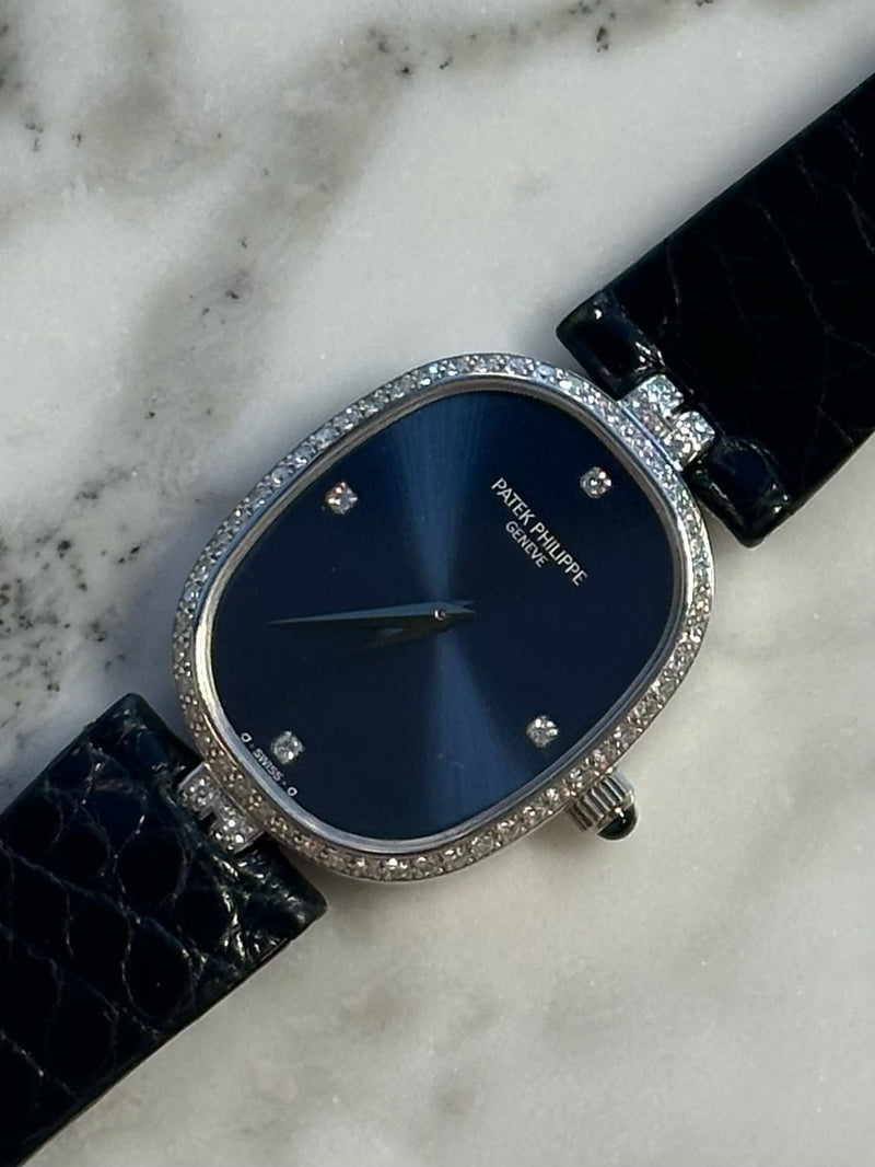 Patek Philippe - Pre-owned White Gold Golden Ellipse Blue Dial Diamond Bezel 4882
