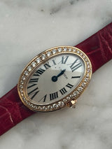 Cartier - Pre-owned Cartier Baignoire Mini Diamond Bezel Leather Strap WB520028