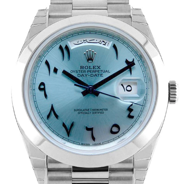 Rolex Unworn Platinum Day Date Presidential Ice Blue Arabic Dial 228 David and Sons Timepieces