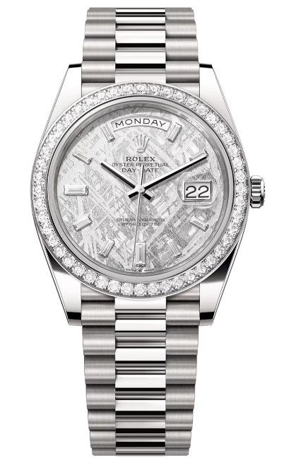 Rolex - Pre-owned White Gold Day-Date Presidential Meteorite Baguette Dial Diamond Bezel 228349RBR