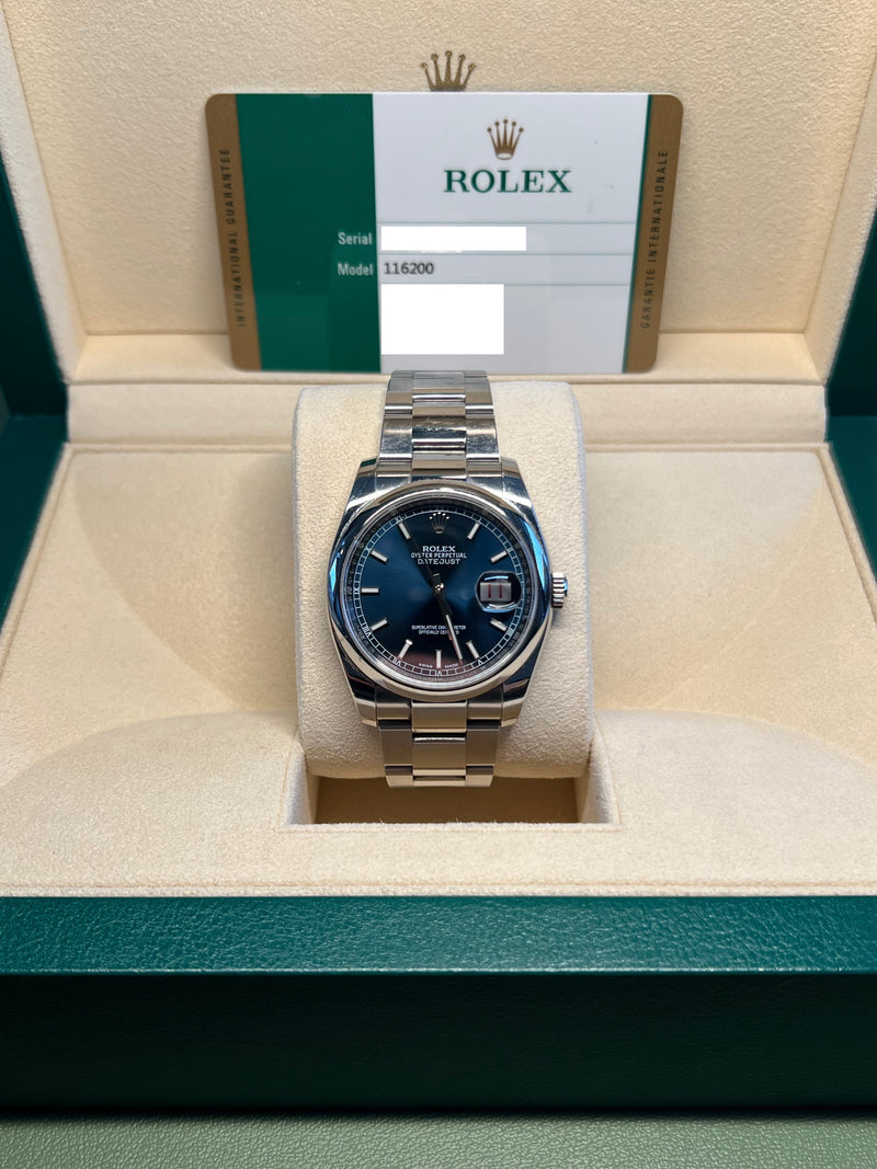 Rolex - Pre-owned Datejust 36mm Blue Stick "Roulette" Dial 116200